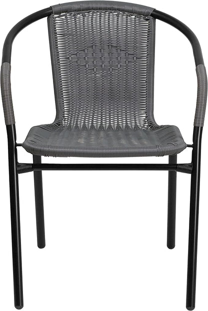 EMMA + OLIVER Set of 4 Modern Rattan Indoor/Outdoor Stack Chairs, Stacking Rattan Patio Chairs with Curved Back and Cross Bracing, Gray