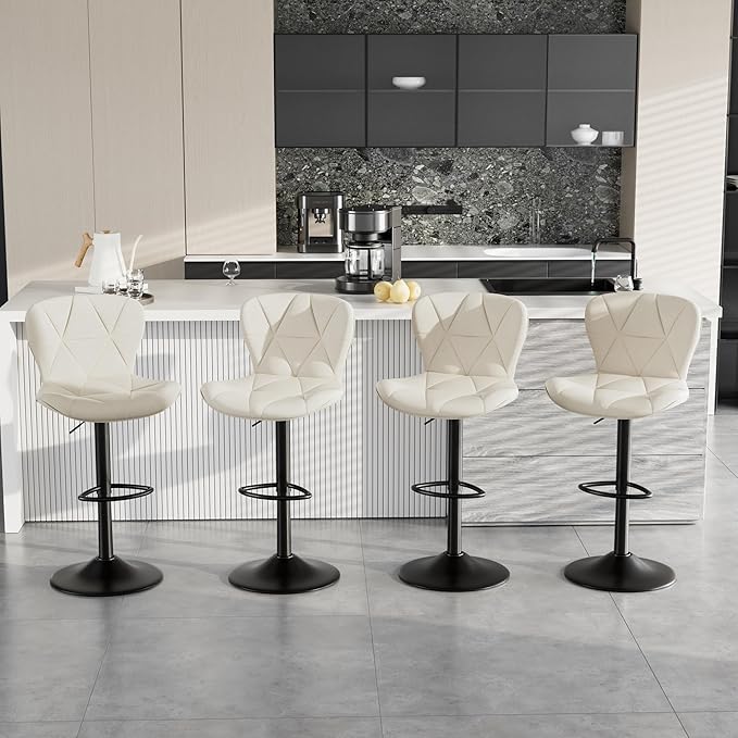 Bar Stools Set of 4,Adjustable Swivel Barstools, Faux Leather Bar Chairs,Upholstered Counter Height with High Backrest for Kitchen Island, White