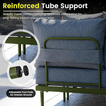 Sundale Outdoor 7 Pieces Patio Furniture Set with Fire Pit Table, L-Shaped Outdoor Sectional Sofa with 6 Inch Olefin Cushion, All-Weather Modern Metal Outdoor Conversation Sets (6 Seats,Green Frame)