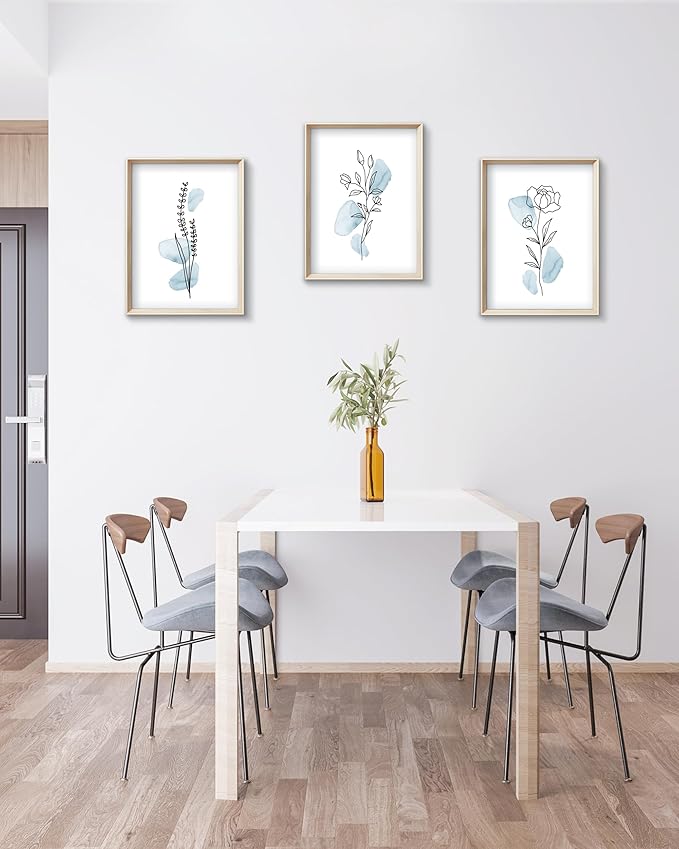HesenDot Framed Blue Floral Canvas Wall Art,Minimalist Botanical Wall Art Decor,12x16IN Wood High Framed Prints,Boho Flowers Artworks Prints Posters for Living Room,Kitchen,Bedroom Set of 3