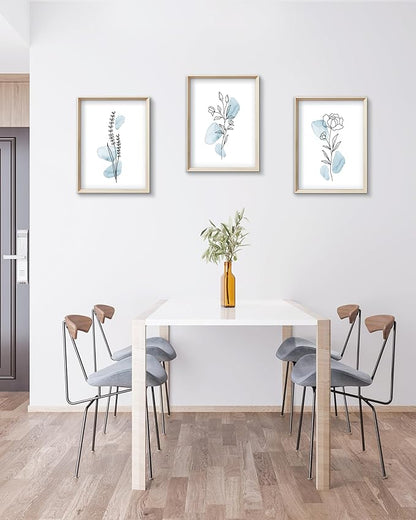 HesenDot Framed Blue Floral Canvas Wall Art,Minimalist Botanical Wall Art Decor,12x16IN Wood High Framed Prints,Boho Flowers Artworks Prints Posters for Living Room,Kitchen,Bedroom Set of 3