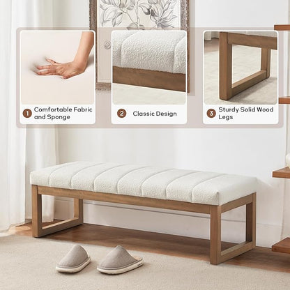 52.7" Bedroom Bench for End of Bed, Modern Upholstered Teddy Fabric Entryway Bench & Dining Bench, Footrest Stool Bench with Solid Wood Frame for Bedroom, Living Room (Beige)