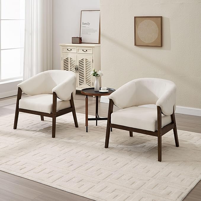 Mid-Century Modern Accent Chair Set of 2, Comfy Barrel Armchair Living Room Chair for Bedroom, Upholstered Lounge Chairs for Reading Nook Office, White Chenille, Wood Legs