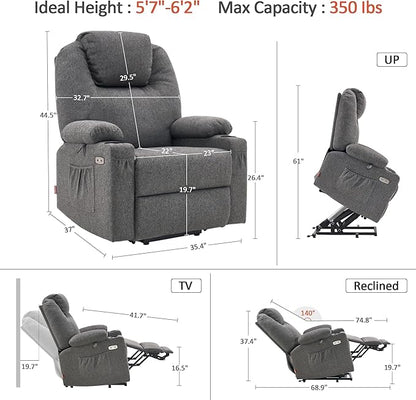 MCombo Power Lift Recliner Chair for Elderly, Lift Chair with Heat and Massage for Tall People, USB&Type C Ports, Extended Footrest, Cup Holders, Fabric 7516 (Large,Dark Grey)