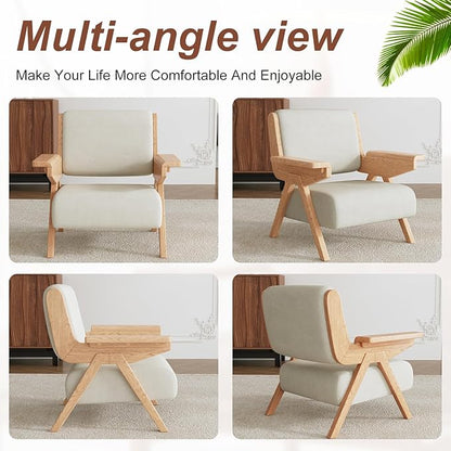 Mid Century Modern Accent Chair, Fabric Upholstered Lounge Arm Chair with Solid Wood Frame for Living Room, Bedroom, Office, Reading Corner (White, Single Chair)