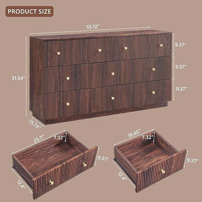 Fluted Dresser for Bedroom, 55" W 8 Drawer Dressers, Wood Tall Dresser Storage Organizer, Modern Bedroom Chest of Drawer with Deep Storage for Closet Hallway, Entryway, Living Room, Brown