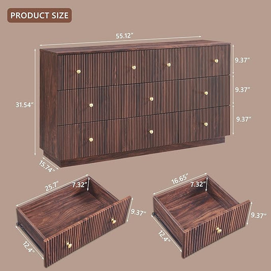 Fluted Dresser for Bedroom, 55" W 8 Drawer Dressers, Wood Tall Dresser Storage Organizer, Modern Bedroom Chest of Drawer with Deep Storage for Closet Hallway, Entryway, Living Room, Brown