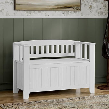 SIMPLIHOME Acadian Entryway Storage Bench - 36 inch Wide Solid Wood Small Hallway Seat in White, Transitional Bench for Mudroom or Entryway with Lift-Up Lid, 2 Compartments and Slatted Backrest