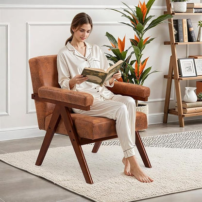 MELLCOM Mid-Century Modern Accent Leather Chair, Comfy Accent Chair with Solid Wood Frame,Upholstered Lounge Arm Chairs with Plump Cushion,Easy Assembly Reading Chair for Living Room,Bedroom,Brown