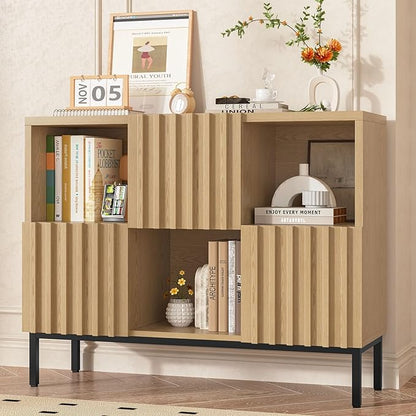 Vabches Fluted Short Bookcase, 6 Cube Storage Organizer with Doors, Modern 2-Tier Open Bookshelf for Home and Office, Wood Floor Standing Display Cabinet Rack, Natural