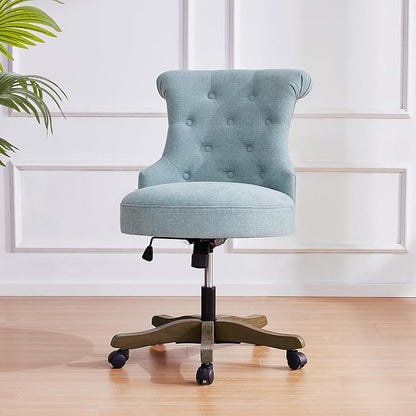 Home Office Chair Adjustable Height Swivel Chair with Wheels Linen Fabric Upholstered Computer Desk Chair with Wooden Legs Comfortable Armless Chair for Home Office Study Studio(Teal)