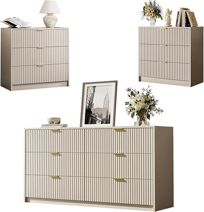 3-Piece Dresser Bedroom Set, 6 Drawer Dresser & 3 Drawer Nightstands with Gold Handles, Fluted Wood Chest of Drawers for Bedroom, Living Room, Entryway, Beige