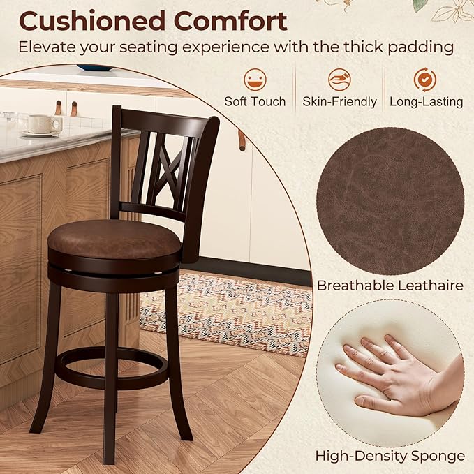 COSTWAY Bar Stools Set of 2, 26” Swivel Bar Chairs with Footrest, Rubber Wood Frame & Hollowed Backrest, Leathaire Counter Height Stools, Padded Counter Stools for Kitchen Island & Pub (2, 26'')