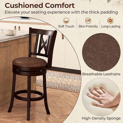 COSTWAY Bar Stools Set of 2, 26” Swivel Bar Chairs with Footrest, Rubber Wood Frame & Hollowed Backrest, Leathaire Counter Height Stools, Padded Counter Stools for Kitchen Island & Pub (2, 26'')