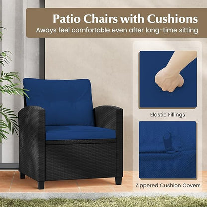 Tangkula 3 Piece Patio Furniture Set, Rattan Conversation Set w/Soft Seat & Back Cushions, Tempered Glass Topped Coffee Table, Cushioned Wicker Seating Set for Backyard, Porch, Poolside