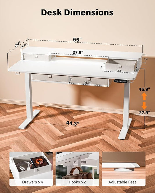 FiCiHi Adjustable Height Standing Desk with 4 Drawers,55 x 24 inches Electric Sit Stand Home Office Desk with Two Tiers, 3 Memory Presets, Monitor Stand Riser