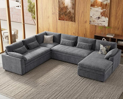Belffin Large Modular Sectional Sofa with Deep Chaise, Corduroy U Shaped Couch with 9" Soft Dual-Layer 7 Seats Cushion for Living Room, Apartment, Light Grey