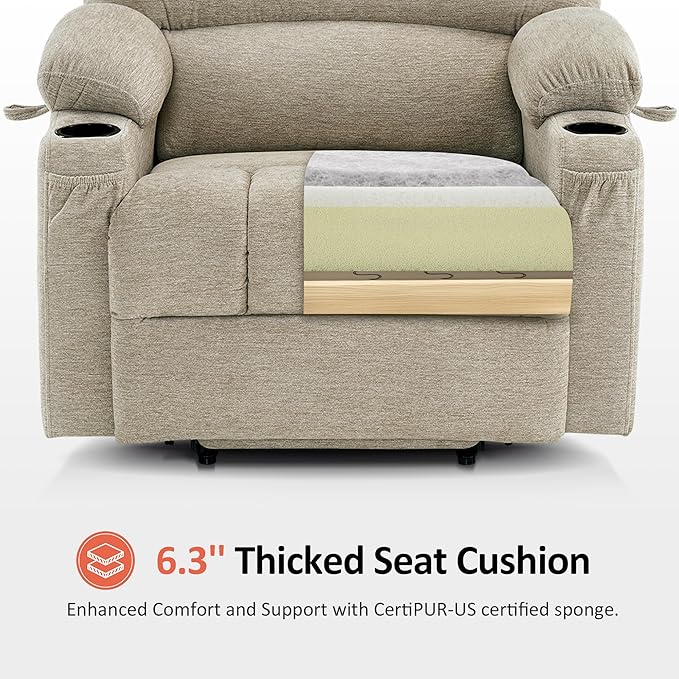 MCombo Oversized Power Lift Recliner Chair for Elderly, Lift Chair with Heat and Massage, Lift Recliner for Big and Tall, Cup Holders, USB & Type C Ports, Fabric R7092 (Beige, Oversize)