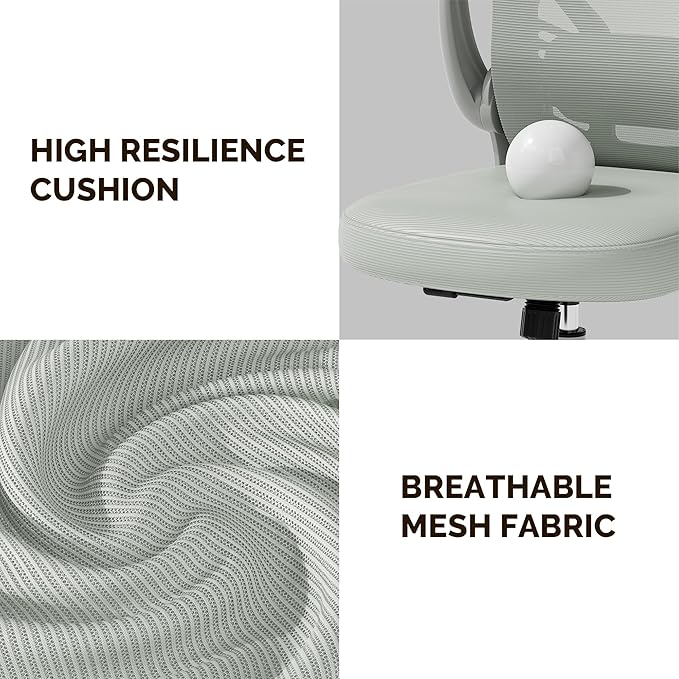 Computer Desk Chair with Wheels, Mesh Office Chair with Flip Up Arms, Adjustable Lumbar Support, Swivel Desk Chair Comfy, All Grey