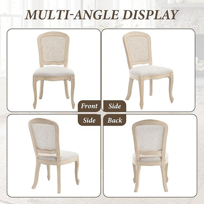 Wicker Dining Chairs Set of 2, Upholstered Linen Fabric Dining Room Chairs with Square High Rattan Back Farmhouse French Kitchen Chairs for Dining Table/Living Room/Restaurant, White