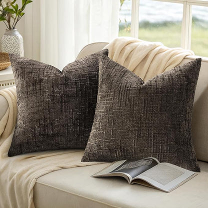 decorUhome Dark Brown Chenille Throw Pillow Covers 26x26 Set of 2 Thick Textured Slubby Couch Pillow Covers Farmhouse Accent Modern Neutral Decorative Pillow Cases for Bed Sofa Living Room
