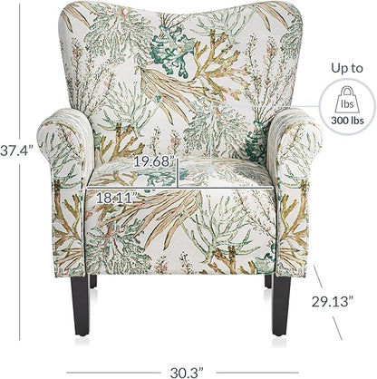 BELLEZE Modern Accent Chair for Living Room, High Back Linen Armchair with Wooden Legs, Upholstered Wingback Side Chair Padded Armrest Single Sofa for Living Room, Bedroom - Allston (Green Coral)
