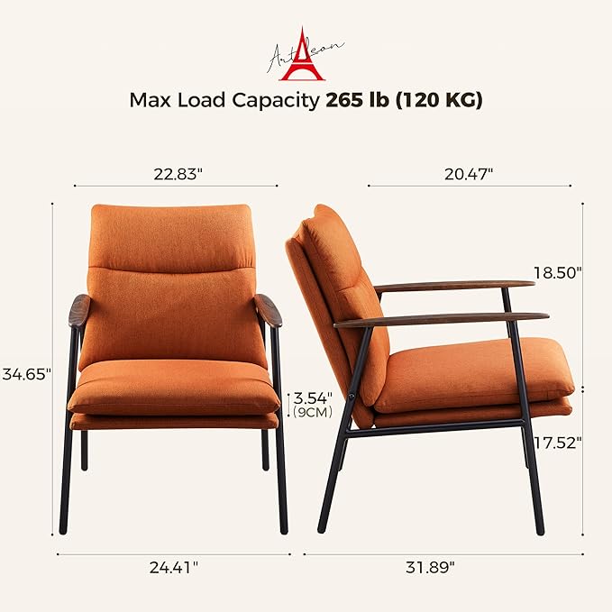 Art Leon Modern Accent Chair - Upholstered Fabric Lounge Chair with Wood Armrests Ergonomic Reading Chair with Metal Frame Living Room Chair for Bedroom, Office Caramel