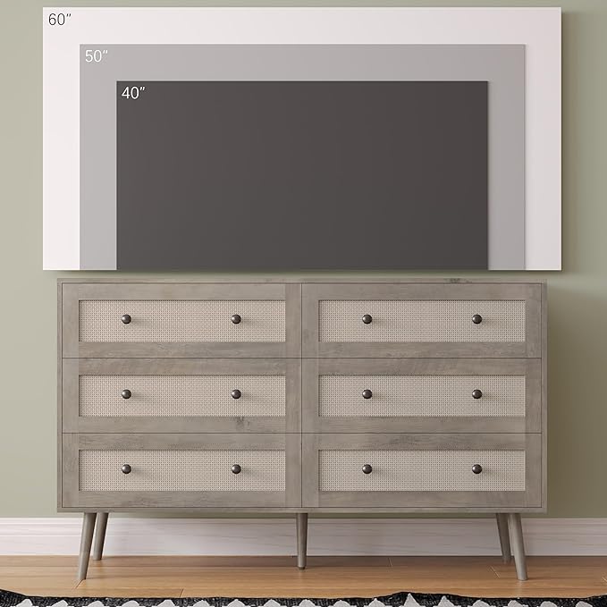 Rattan Dresser for Bedroom, Grey 6 Drawer Dressers & Chest of Drawers, Boho Dresser with Handles Wood Chests Storage Organizer Farmhouse Dressers for Closet, Hallway, Office