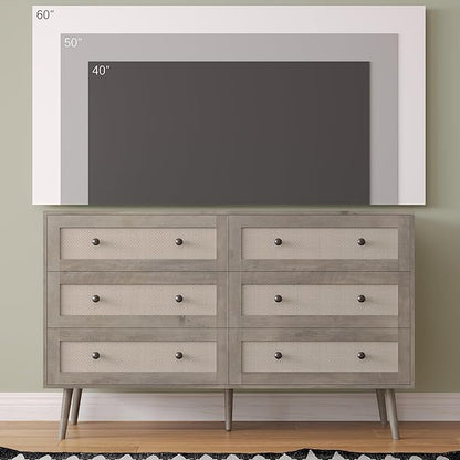 Rattan Dresser for Bedroom, Grey 6 Drawer Dressers & Chest of Drawers, Boho Dresser with Handles Wood Chests Storage Organizer Farmhouse Dressers for Closet, Hallway, Office