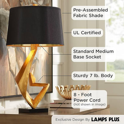 Possini Euro Design Zeus Mid Century Modern Glam Luxury Table Lamp 28.5" Tall Sculptural Gold Leaf Metal Black Fabric Tapered Drum Shade Decor for Living Room Bedroom House Bedside Nightstand Home