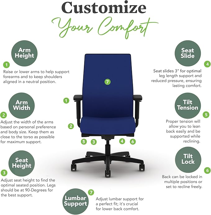 HON Ignition 2.0 Mid Back Task Chair, Spectrum Mesh, Advanced Synchro-Tilt Control, Office Chair with Lumbar Support, Height and Width Adjustable Arms, Black Frame, Cobalt