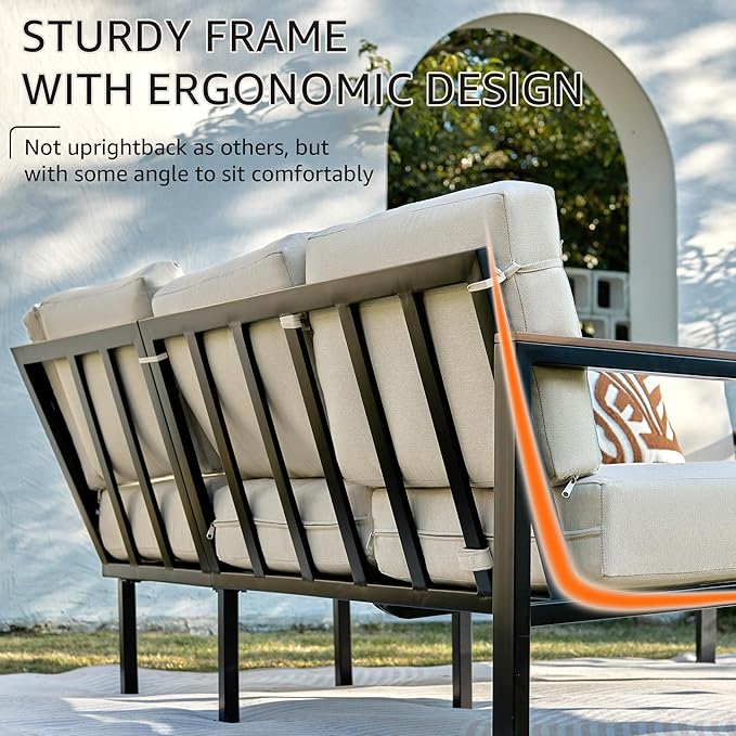 NATURAL EXPRESSIONS 6 Pieces Patio Furniture Set,Outdoor Couch Sofa with Thick Olefin Cushions,Fauxwood Armrest and Tabletop,Ergonomic Highback Frame,Outdoor Sectional Furniture for Backyard,Deck