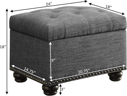 Convenience Concepts Designs4Comfort 5th Avenue Upholstered Storage Ottoman 24" - Contemporary Foot Stool and Seat with Hinged Lid for Living Room, Dining Room, Office, Den, Dark Charcoal Gray Fabric