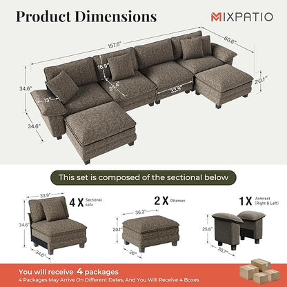 157-Inch U Shaped Sectional Sofa with Cloud Cushions, Deep Seat Modular Couch Set w/ 6 Seats & 2 Ottomans, Removable Arms, Plush Chenille Upholstery for Living Room, Apartment - Smoky Gray