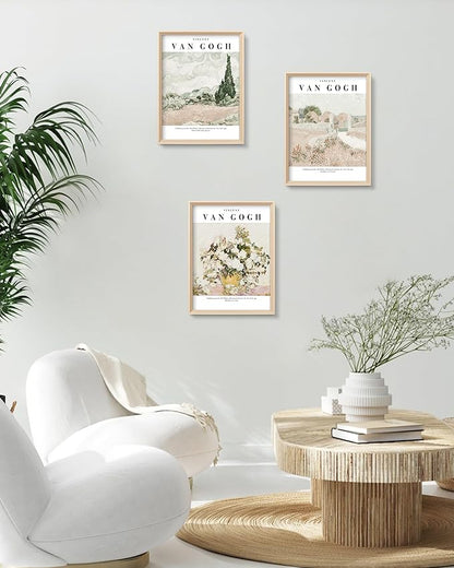 HesenDot Van Gogh High Framed Wall Art Set of 3, 12x16in Neutral Floral Canvas Prints, Abstract Landscape Artwork for Living Room Bedroom Gallery Office Home Décor