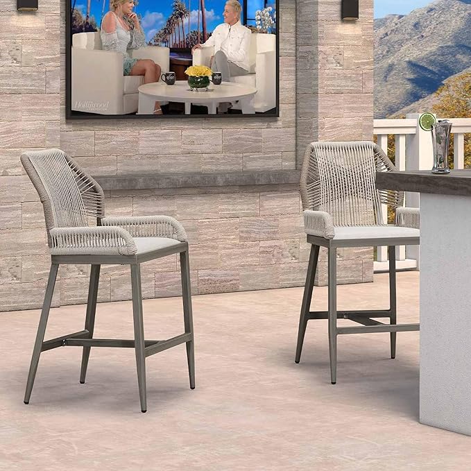 PURPLE LEAF 2 Pieces Counter Height Bar Stools Patio Boho Rattan Barstools Aluminum Woven Bar Chairs with Cushions for Outdoor Kitchen Island Garden
