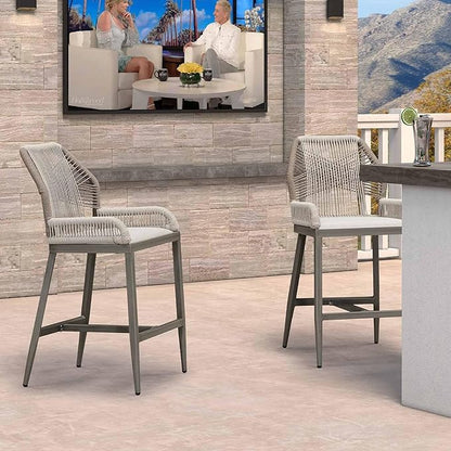 PURPLE LEAF 2 Pieces Counter Height Bar Stools Patio Boho Rattan Barstools Aluminum Woven Bar Chairs with Cushions for Outdoor Kitchen Island Garden
