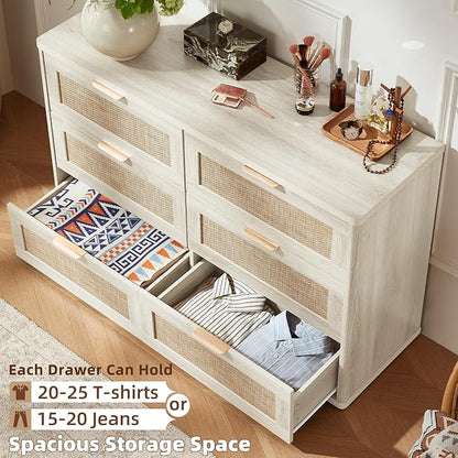 LEYAOYAO Rattan Dresser for Bedroom Set of 2, Boho 48" Wide White Dresser Chest of Drawers, Dressers TV Stand with Metal Handle, Storage Dressers Closet Organizer for Living Room, Hallway