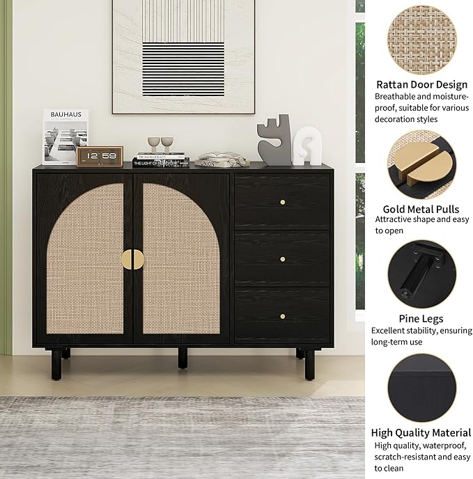 Black Sideboard Cabinet with 2 Rattan Doors and 3 Drawers, Rattan Buffet Cabinet with Adjustable Shelves & Pine Legs, Boho Sideboard Buffet for Living Room, Kitchen, Entryway, Black