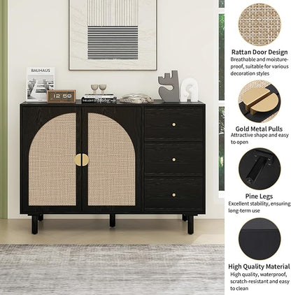 Black Sideboard Cabinet with 2 Rattan Doors and 3 Drawers, Rattan Buffet Cabinet with Adjustable Shelves & Pine Legs, Boho Sideboard Buffet for Living Room, Kitchen, Entryway, Black