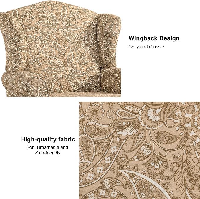 Accent Chair Set of 2, High Back Upholstered Armchair with High Resilience Sponge & Wood Legs, Mid-Century Modern Comfy Single Sofa Reading Chairs for Living Room, Bedroom-Floral Light Brown