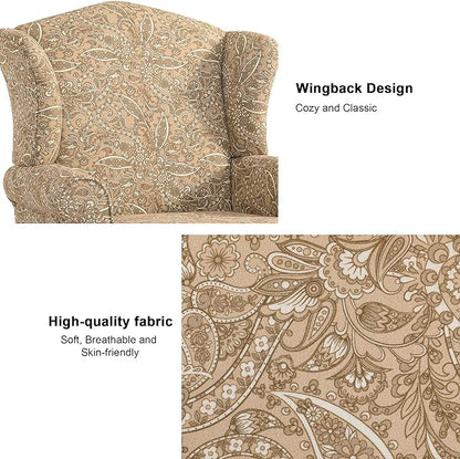 Accent Chair Set of 2, High Back Upholstered Armchair with High Resilience Sponge & Wood Legs, Mid-Century Modern Comfy Single Sofa Reading Chairs for Living Room, Bedroom-Floral Light Brown
