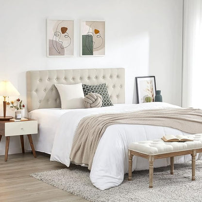 Kingfun Headboards in Modern Button Design, Premium Linen Fabric Upholstered Tufted Bed Headboard, Adjustable Solid Wood Head Board (Beige, Twin)