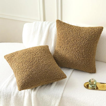 FUTEI Khaki Throw Pillow Covers 22x22 Inch Set of 2,Furry Faux Fur Teddy Boucle Textured Cushion Covers,Soft Fluffy Decorative Pillow Case,Home Decor for Couch Bed Living Room Office Car