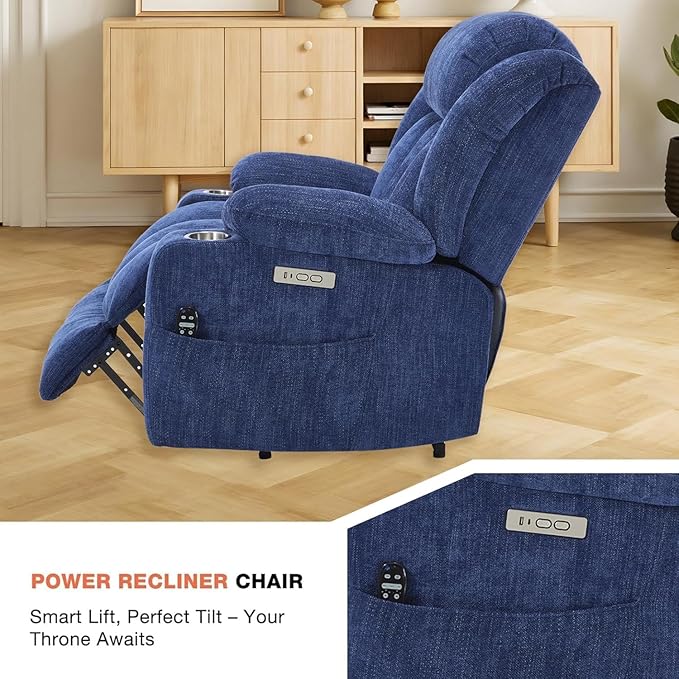 Power Lift Recliner Chair, 350lb Capacity with 8-Point Massage & Heating, USB/Type-C Ports & Cup Holders, Heavy Duty Chenille Recliner for Elderly, Blue