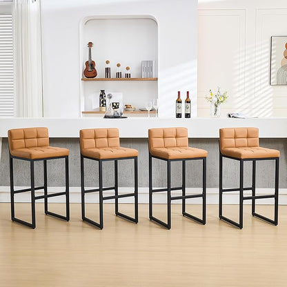 Bar Stools Set of 4, Upholstered Bar Height Barstools with Back and Thickened Metal Frame, Modern 30-inch Tall Bar Chairs for Kitchen Island, Bar, Counter (Caramel Brown, 4Pcs 30" Bar Stools)