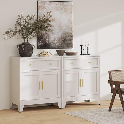 Metal Buffet Cabinet,White Coffee Bar Cabinet,Small Buffet Sideboard Cabinet,Coffee Cabinets with Storage,Short Kitchen Pantry Cabinets for Dining Room,Living Room