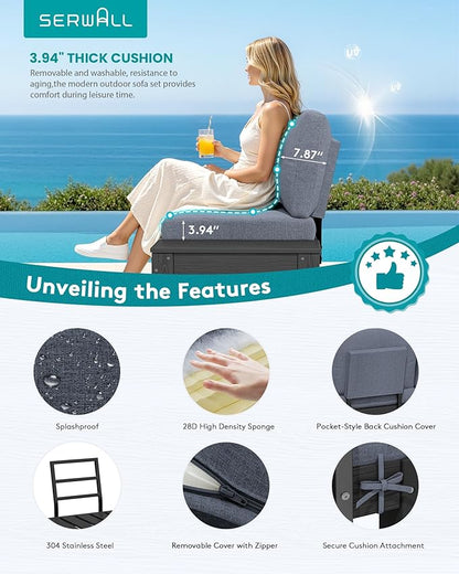 SERWALL HDPE Patio Furniture Set with 15FT Double Side Patio Umbrella, Outdoor Sofa Set, Seats 4, Modular Sectional Couch for Patio, Garden, Backyard, Black Frame with Grey Cushion
