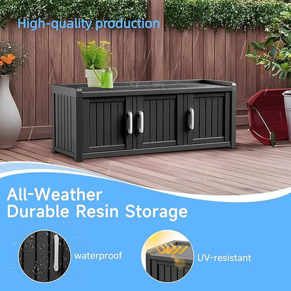 3 Doors Shoe Bench, Waterproof & UV-Resistant, Resin Shoe Cabinet Indoor & Outdoor Use, Entryway Bench with Adjustable Shelves & Hidden Storage Space for Bedroom, Hallway, Black
