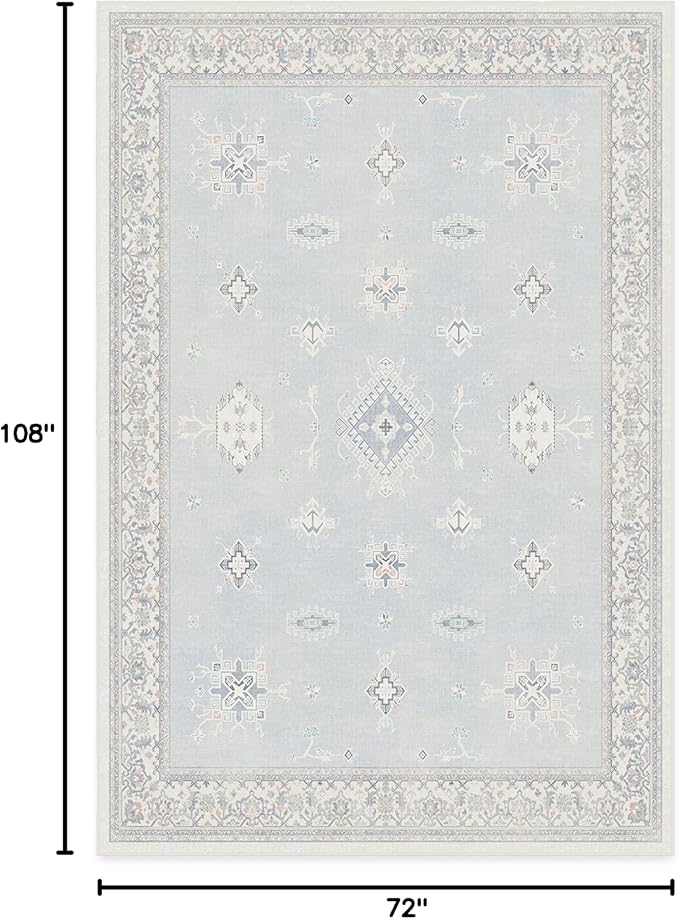 RUGGABLE Washable Vintage Area Rug – Verena Soft Blue 6x9, Stain-Resistant, Non-Slip – Medium Machine Washable Rugs for Living Room, Bedroom, Hallway, Entryway & Office–with Cushioned Pad